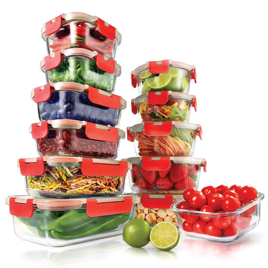 24 Piece Superior Glass Food Storage Set, Locking Hinge Red Lids food storage containers  containers for kitchen